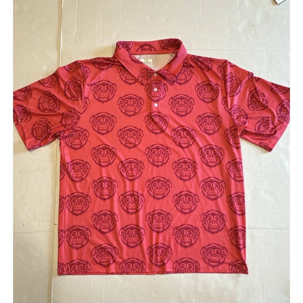 Obnoxious Golf Polo Shirt Coral Monkey Pattern Short SleeveMen's 2XL